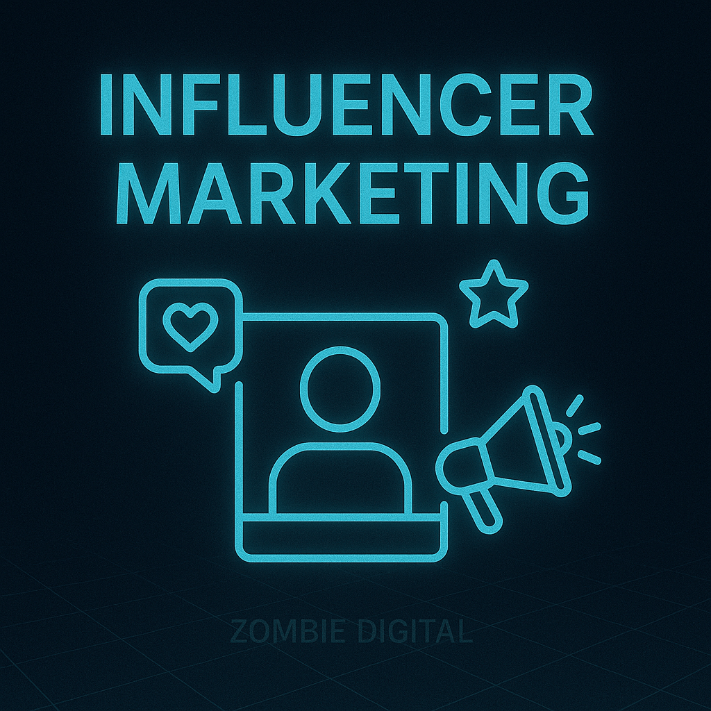 Futuristic influencer marketing graphic with glowing neon-blue icons including a profile, heart bubble, star, and megaphone, subtly labeled “Zombie Digital.”