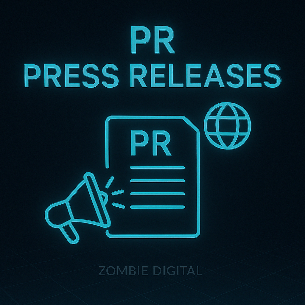 Futuristic PR and press release graphic featuring glowing neon-blue icons of a document labeled “PR,” a megaphone, and a globe, with “Zombie Digital” subtly displayed at the bottom.